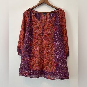 Chaps Denim Women’s Paisley 2X Boho Bishop Sleeve Peasant‎ Purple Tunic Top